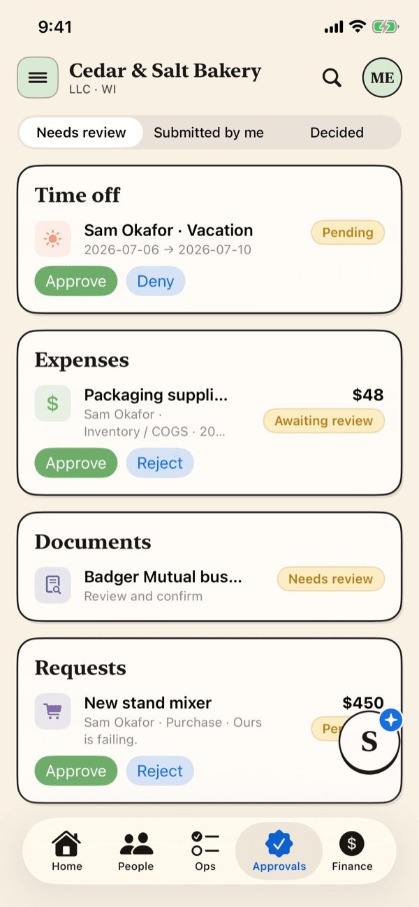 The unified Approvals queue — time off, expenses, documents, and purchase requests with approve or deny