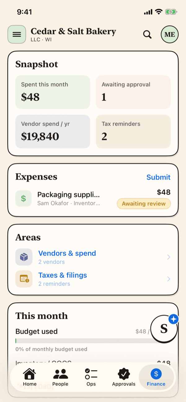 The Finance screen — spend this month, vendor spend, tax reminders, and budget used
