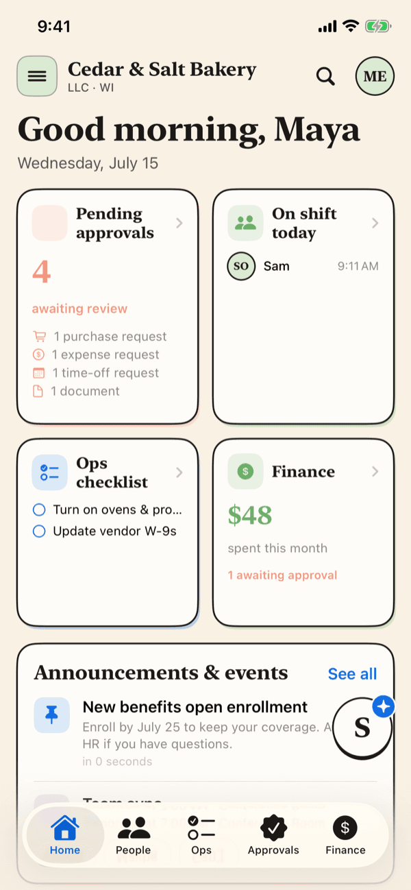 The owner Home dashboard in the Small Business OS app